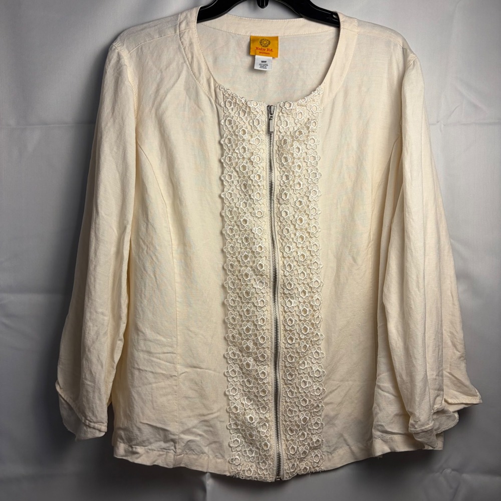 Ruby Rd Woman Cream Linen Blend Lace Trim Zip Front Jacket Plus Size 18W